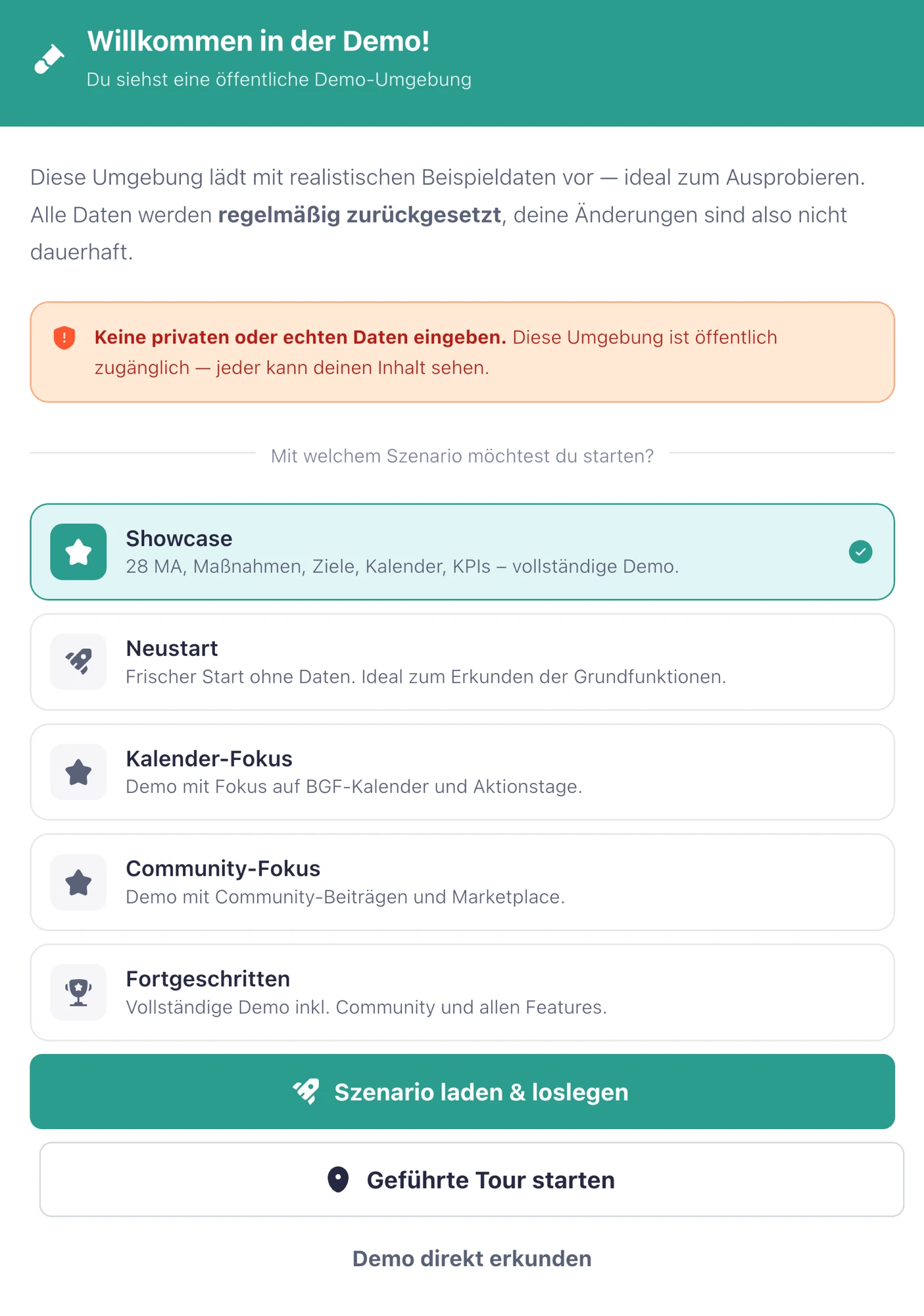 BGFHero Demo-Modus Szenario-Auswahl